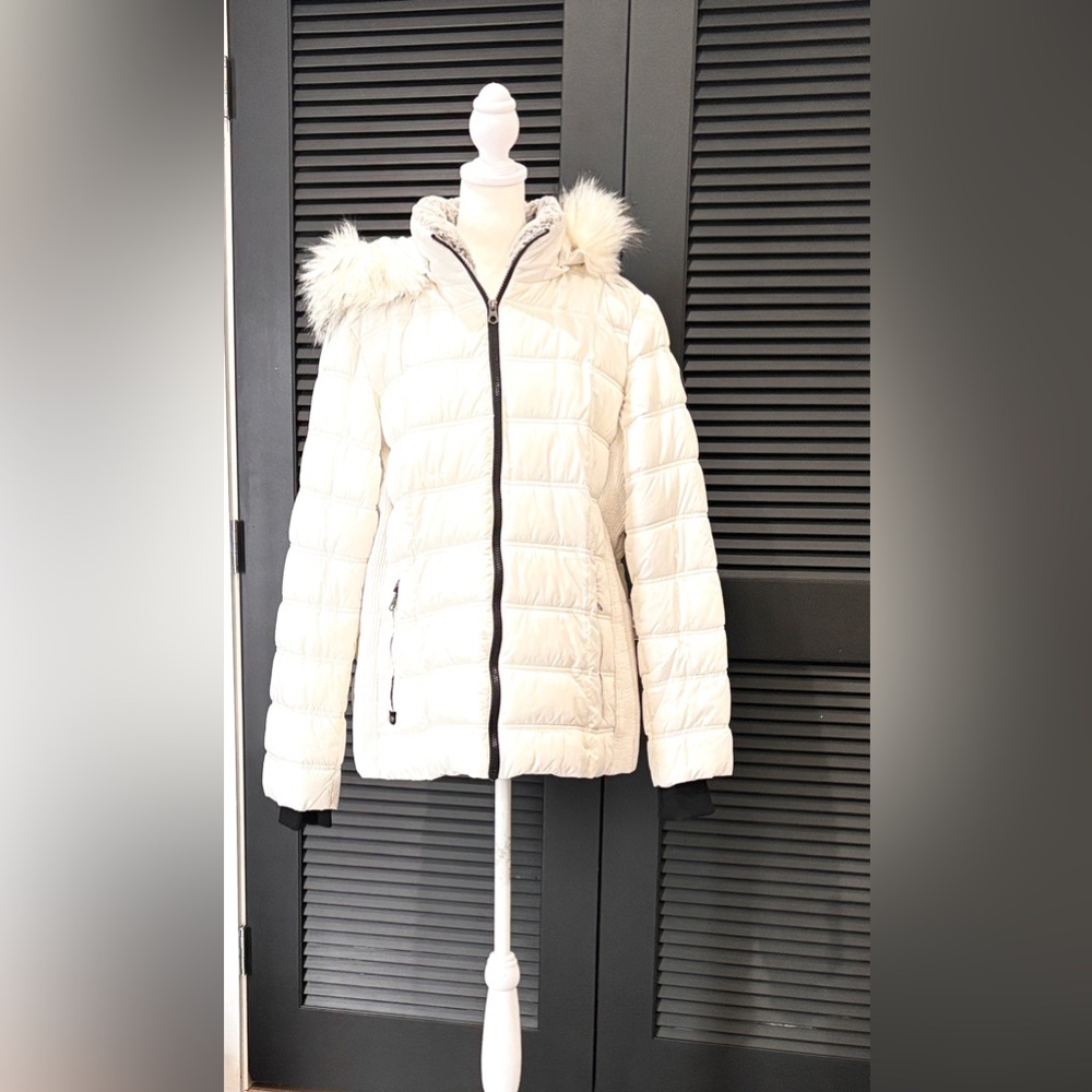 Women's White Nautica Puffer with Faux Fur Hood